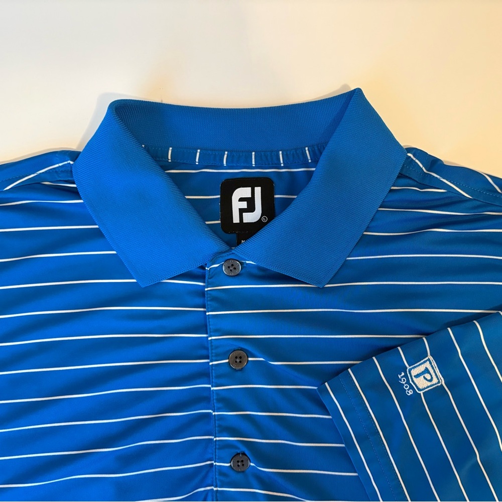 FootJoy “P 1908” Logo Golf Polo Shirt Men's Large Blue with White Stripes